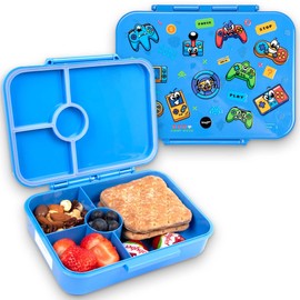 Fringoo - Bento Box - Lunch Box - Leak-Proof, 800ml Capacity, 5 Compartments, Adjustable Divider, BPA Free, Blue Gaming Faces Design