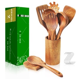 Teak Wooden Spoons for Cooking - 9 Pcs Comfort Grip Kitchen Utensil Set with Holder & Rest