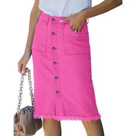 luvamia Women's Casual Denim Skirt Mid Waisted Ripped Distressed Frayed Raw Hem Midi Skirts for Women Hot Pink XX-Large Fits Size 20 Size 22