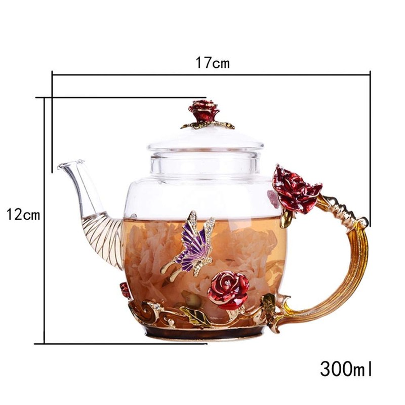 Floral Glass Teapot with France Enamel Flower Butterfly Decoration Safe