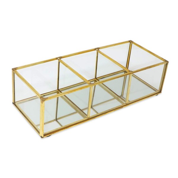 Isaac Jacobs 3-Compartment Vintage Style Brass and Glass Organizer (9.1” L x 3.6“W x 2.6” H), Multi-Sectional Tray & Storage Solution with Mirror Base, for Makeup & More, Bathroom, Kitchen, Office
