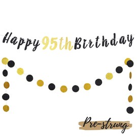 LASKYER Happy 95th Birthday Bunting Banner with Black & Gold Glitter Circle Dots Set Perfect for 95 Years Old Birthday Party Decorations.