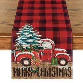 Artoid Mode Red and Black Buffalo Plaid Merry Christmas Tree Table Runner, Seasonal Truck Gifts Kitchen Dining Table Decoration for Outdoor Home Party 13x90 Inch