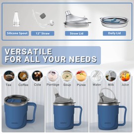 HOSUKU Spill-Proof Cup for Elderly, 13.5oz Stainless Steel Sippy Cup with Straw, Ideal for Seniors and Adults, Great for Water, Milk, and Soup (Blue), Health & Household Supplies