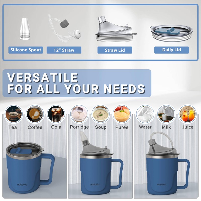 HOSUKU Spill-Proof Cup for Elderly, 13.5oz Stainless Steel Sippy Cup