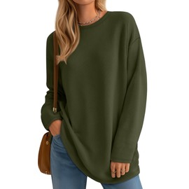 Velvelhall Womens Long Sleeve Shirts Oversized Waffle Knit Cotton Tunic Tops Casual Crewneck Long Shirts Wear with Leggings(Olive Green,X-Large)