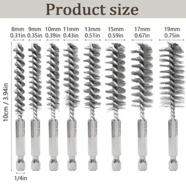 8 Pieces Bore Brush 1/4 Inch Hex Shank Brush Different Size Stainless Steel Wire Brush for Power Drill Cleaning Impact Driver,8/9/10/11/13/15/17/19MM(Silver)