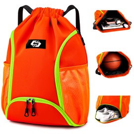 ZIXKUB Basketball Backpack, Soccer Bag with Ball Compartment/Separate Shoe Bag/Wet Pocket, Sports Drawstring Backpack for Men Women, Water Resistant Draw String Back Bag Gym Bag for Swim (Orange)