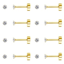 LOLIAS 2MM 14K Gold Studs Earrings for Women Men Flat Back Stud Earrings Hypoallergenic Stainless Steel Earrings Set Cubic Zirconia Screwback Earrings Cartilage Piercing Tiny Stud Earrings 20G