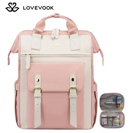 LOVEVOOK Outdoorfun Laptop Backpack with USB Port and Small Bag for Women - Spring Glow Up Stylish Work Bag for Teacher, Nurse, Travel:_Pink-beige-beige_17.3" - 12"L x 5.7"W x 18.5"H