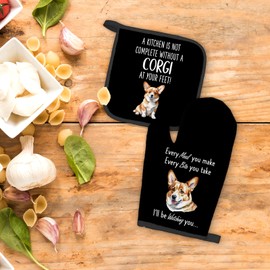 FIicy Corgi Gifts Dog Oven Mitts and Pot Holders Sets, Corgi Gifts for Corgi Lovers Kitchen Accessories Sets, Complete Without a Corgi Dog Black Heat Resistant Oven Glove Potholder for Kitchen Baking