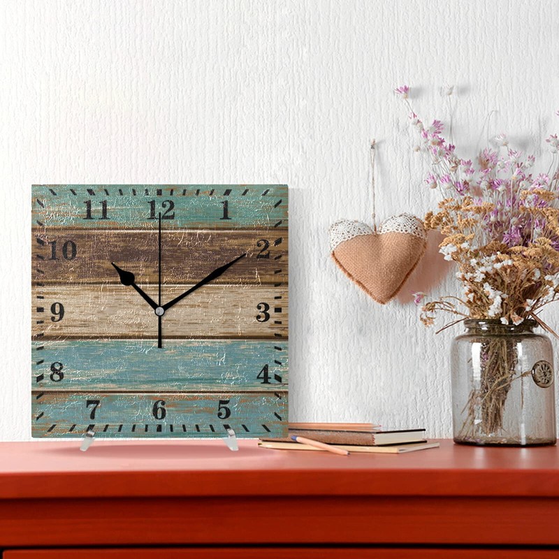 Wall Clock Teal Green Brown Retro Rustic Wood Texture Decorative