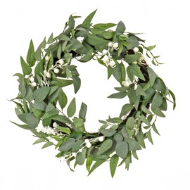 National Tree Company Artificial Mixed Green Leaves Christmas Wreath, Decorated with White Berry Clusters, Woven Branch Base, 24 in