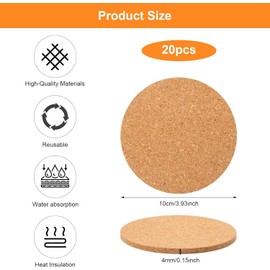 Coasters Cork Round Retro Coasters Set of 20 Coasters Wooden Cork Coasters 10 cm 4 mm Thick Coasters Reusable Absorbent for Drinks Coffee Tea Coasters for Restaurant Office