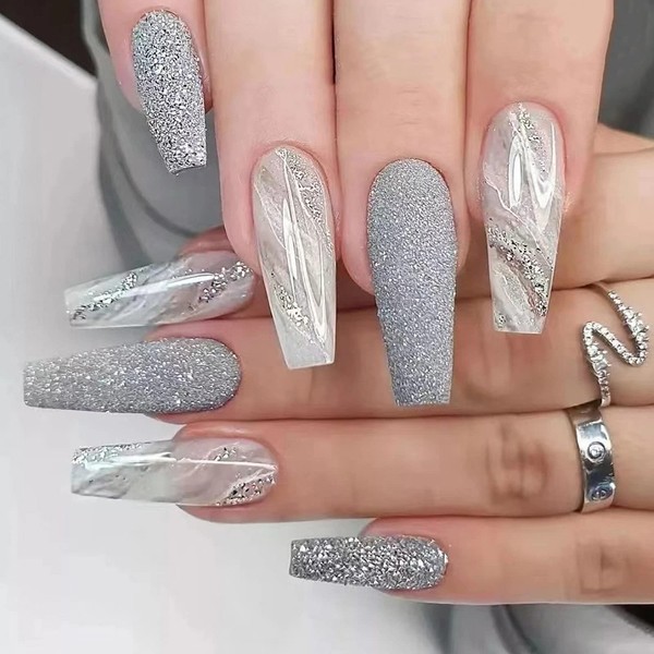 IMSOHOT Coffin Press on Nails Long Glitter Fake Nails Grey Marble False Nails with Designs Glossy Glue on Nails Full Cover Ballerina Acrylic Nails for Women 24Pcs
