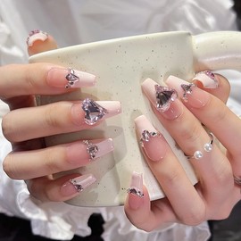 Pure Handmade Nails Press on Nail Reusable Fake Nails Pink RhineStones Bling Bling Medium Stick on Nails French Tip False Nails 10pcs (L, Q301 NAILS)