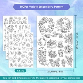 ORIGACH 4 Sheets 105 Pcs Water Soluble Embroidery Patterns Stabilizers - Pre-Printed Floral, Flowering Shrubs & Leaves Designs - Stick & Stitch Embroidery Paper for Hand Sewing Lovers