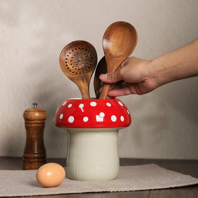 Bicuzat Mushroom Shaped Ceramic Kitchen Utensil Holder, Large Cooking Utensil