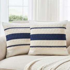 GriNeed Throw Pillow Covers Set of 2 18x18 Inch Boho Pillow Covers, Soft Neutral Cotton Navy Blue Decorative Case for Couch Sofa Bed Living Room, Home Modern Woven Farmhouse Cute Decor