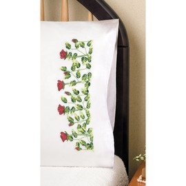 Tobin Stamped Pillowcase Pair Cross Stitch Kit for Embroidery, 20 by 30-Inch, Rose Row