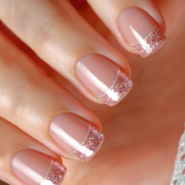 French Tip Press on Nails Square Short Fake Nails Light Pink Acrylic Nails Press ons Glossy Glue on Nails Fall False Nails with Glitter Lines Designs Artificial Nails for Girls Women 24Pcs