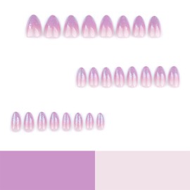 Short Press on Nails Almond Fake Nails with Purple Gradient Design Silver Glitter Glue on Nails Glossy Gel Finish Acrylic Nails Summer Nails Press ons Full Cover Stick on Nails for Women 24Pcs