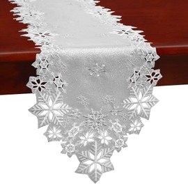 Simhomsen Embroidered Silver Snowflakes Table Runners for Christmas Holiday and Winter (Silver, 14×90 inches)