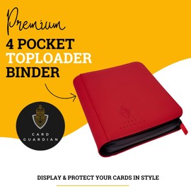 Card Guardian - Toploader 4 Pocket Premium Binder with Zip for 160 Cards - Side Loaded Pockets - Compatible with TCG Sports and Trading Cards (Red)