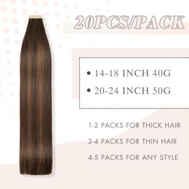 Human Hair Tape in Extensions, Balayage Natural Black Mixed Chestnut Brown Extensions Real Human Hair 20 Inch 20pcs Remy Straight Tape ins Invisible Tape in Hair Extensions Human Hair (2/2/6#,20 Inch)