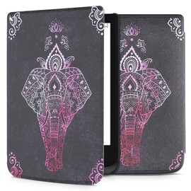 kwmobile Flip Case Compatible with Pocketbook Touch Lux 4/5/Touch HD 3/Color (2020)/Vivlio Lux 5 Case - eReader Case - Elephant Drawing Pink Anthracite