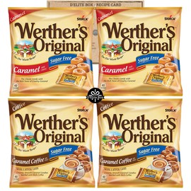 Werthers Sugar Free Hard Candy Variety Pack of 4 Bags (1.46oz) Two Flavors - Caramel and Caramel Coffee 2 Bags each and comes bundled with a Recipe card curated by D'Elite Box