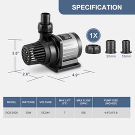 JEREPOND 530GPH Nano Aquarium DC Pump With Controller,20W Small DC24V Return Pump for small fish tank,7ft max lift,submersible and inline mini water pump for saltwater and fresh water
