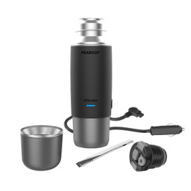 Peabody eTermo 12v Portable Vacuum Insulated Thermo With Water Heater, 16,9 fl OZ, Push Button Dispenser, for Car, SUV, Truck, RV, Boat (Dark Grey)