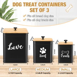 Jingmore Metal Dog Treat Containers Set of 3 with Bamboo Lids and Spoon Airtight 7+3+2 lbs Dog Food Snack Jars with DIY Labels Big Pet Cookie Storage Jar for Kitchen Counter(Black,Classic)
