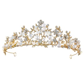 Samky Gold Bride's Wedding Tiara Headpiece Bridal Crown Pearl Crystal Hair Accessories for Woman