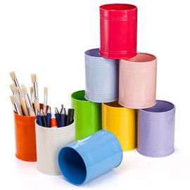 Tlence 9 Pack Metal Pen Holder, 3.5 x 4.5 Inch Desktop Colored Pencil Cup, Multifunctional Makeup Brush Organizer, Stationary Supplies Container Pail Bucket for Office School Classroom Crafts
