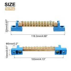 sourcing map 10 Pcs Ground Bus Bar Terminal Grounding Bar Brass 12 Positions Grounding Bars Block for Electric Box, Blue