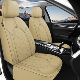 CAROMOP Luxury PU Leather Car Seat Covers Front Set, Anti-Stain Waterproof Automotive Seat Covers for Cars, Universal Car Interior Covers Seat Protectors for SUVs Pick-up Trucks (Beige/Beige Line)
