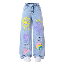 Fulihug Girls Jeans 10-12 Y2K Cute Baggy Wide Leg Distressed Denim Jeans Graffiti Boyfriend Skater Outfits Light Blue