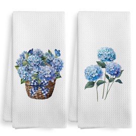 XNXLDYLH Spring Blue Hydrangea Dish Hand Tea Towels for Bathroom Kitchen, Spring Hydrangea Floral Decor Decorations for Home, Hydrangea Gifts, Floral Kitchen Towels and Dishcloths Sets of 2,16x24 Inch