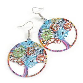 40mm D/Round Multicoloured Tree of Life Lightweight Drop Earrings - 60mm Long