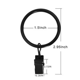 LLPJS 20 Pack Metal Curtain Rings with Clips, Curtain Clip Rings Hooks for Hanging Drapery Drapes Bows, Curtain Rod Rings 1.5 inch Interior Diameter, Black