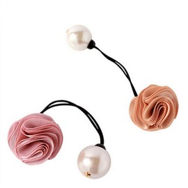 Suoirblss 5 PCS Hair Accessories Women Satin Ribbon Rose Flower Imitation Pearl Ponytail Hair band (Color random)