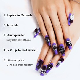 Handmade Coffin Press on Nails Purple Fake Nails with 3D Designs Coffin Press on Nails 10Pcs