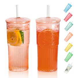 QWEZXO 20 OZ Glass Cup with Lids and Glass Straws, High Borosilicate Iced Coffee Glass Tumblers with Lid and Straw for Drinks, 2pcs Reusable Wide Mouth Smoothie Cup(Orange)