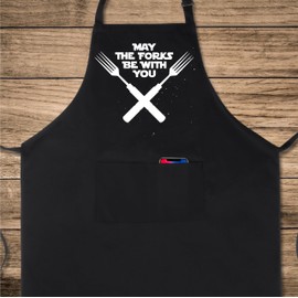 Xornis 100% Cotton Funny Apron for Men Women May The Forks Be With You Adjustable Bib Aprons with 2 Pockets Funny Gifts Grilling Grill Kitchen Cooking BBQ Black