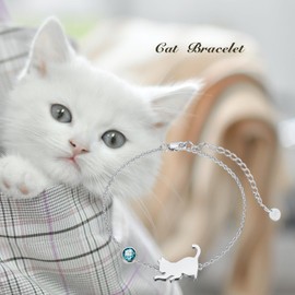 LONAGO Cat Bracelet 925 Sterling Silver Cute Cat with Birthstone Bracelet Jewellery for Women, Sterling Silver