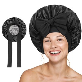 Merdia Satin Hair Bonnet for Women with Soft Elastic Tie Band | Elastic and Reusable Shower Hair Caps | Satin Bonnet for Sleeping Women, Shower Caps | Double Layers Hair Cap | 15 Inches, Black