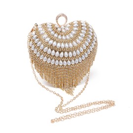 LHHMZ Heart Shape Tassel Evening Bag Silver Drop Pearl Fringed Clutch Purse Rhinestones Wedding Party Bags