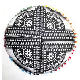 Black Elephant Round Mandala Floor Pillow Cover Seating Cushion Throw Cover Hippie Decorative Bohemian Ottoman Pouf Cover, Pom Pom Pillow Cases,Boho Indian 22 Inches